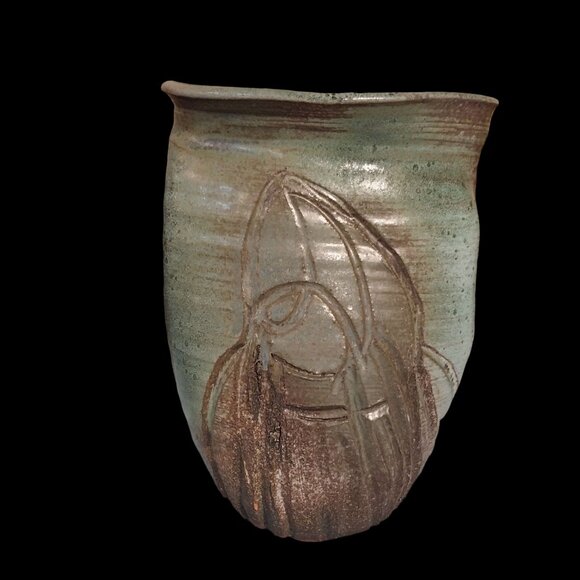 Signed Art Pottery Vase Earthy Green & Brown Glaze With Abstract Design - Picture 2 of 8
